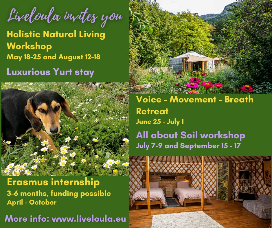 Holistic Natural Living Workshop May 19-25 and August 12-18 Luxurious Yurt stay Voice - Movement - Breath Retreat June 25 - July 1 All about Soil workshop July 7-9 and September 15 - 17 Erasmus internship 3-6 months, funding possible April - October More info: www.liveloula.eu